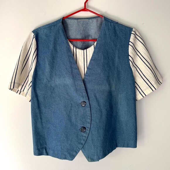 90s vintage blue denim button up vest cottage summer layered short sleeved shirt - Picture 1 of 10